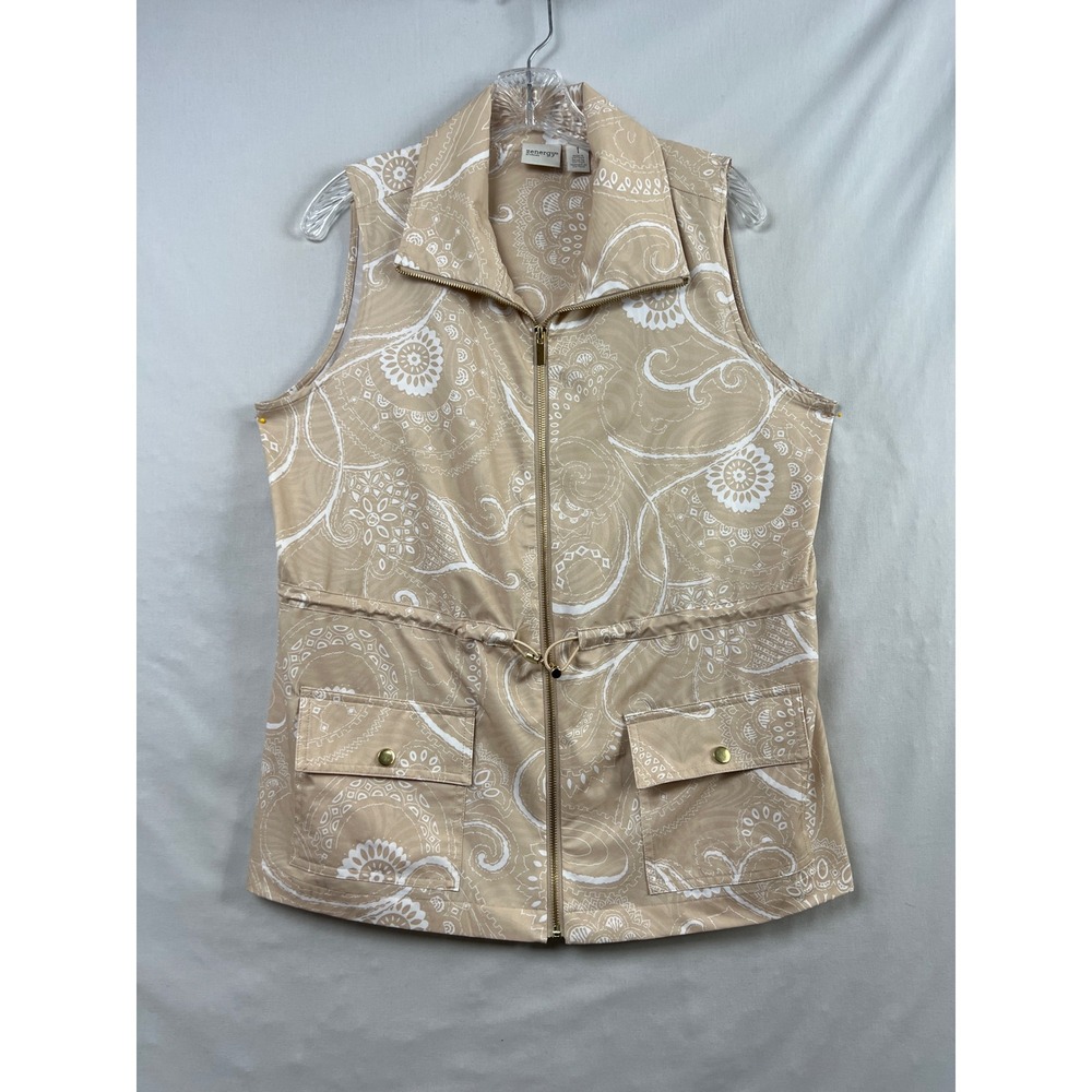 Chico's Zenergy Vest Womens 1 Tan White Paisley Zip Up Drawstring Waist Utility